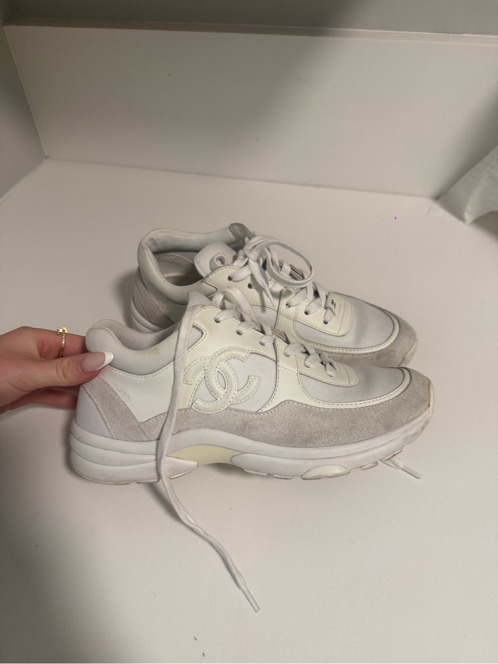 CHANEL White & Light Gray Suede-Trim Women's Sneakers SIZE 38